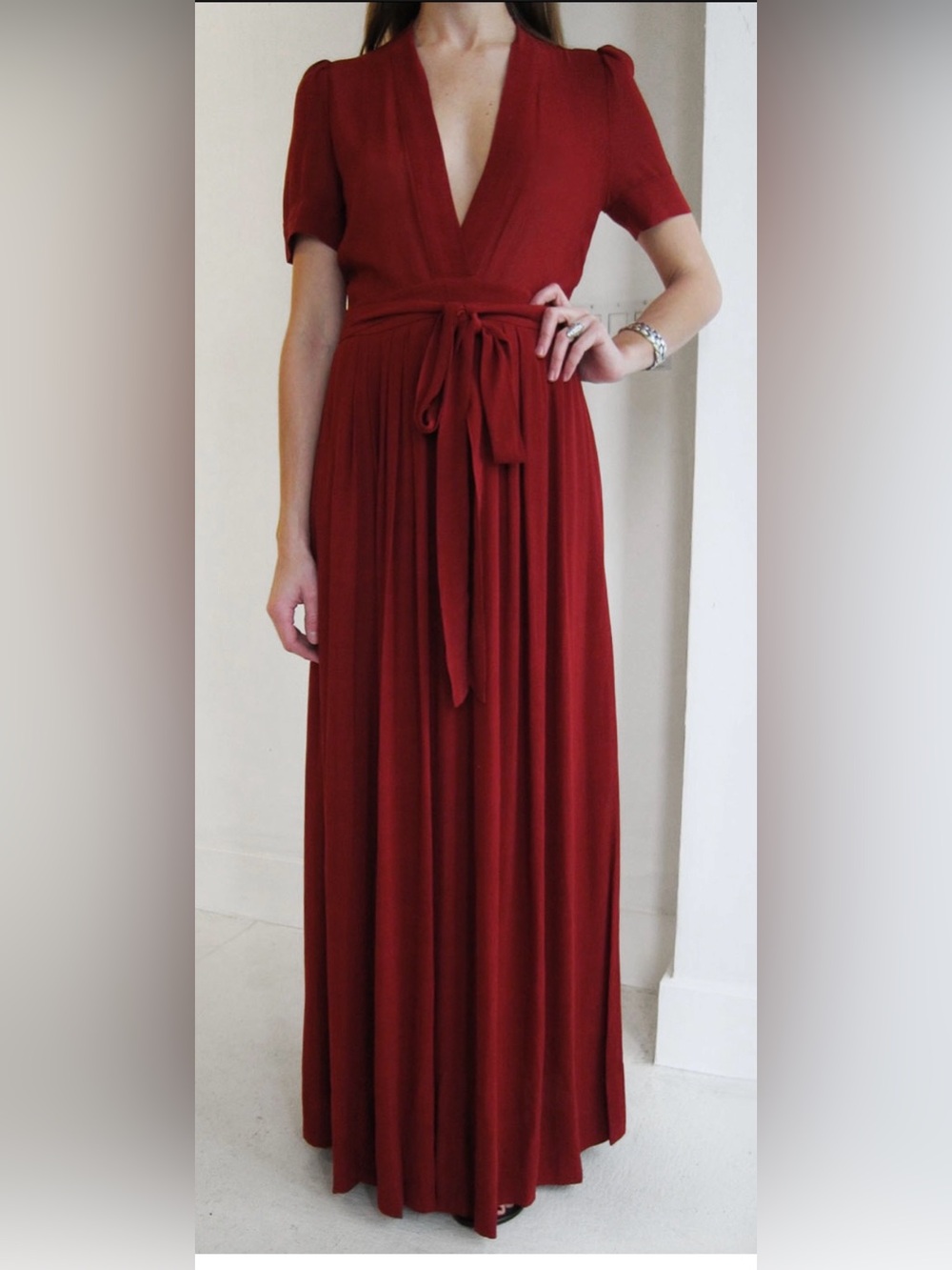 Isabel Marant Etoile Deep V-Neck Wine Maxi Dress with Tie Waist, M